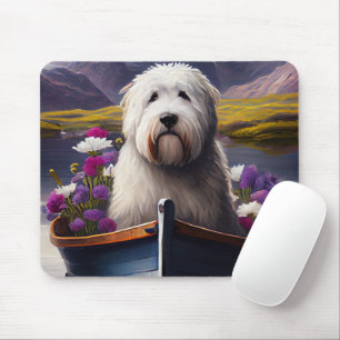 Old English Sheepdog on Paddle: A Scenic Adventure Mouse Pad