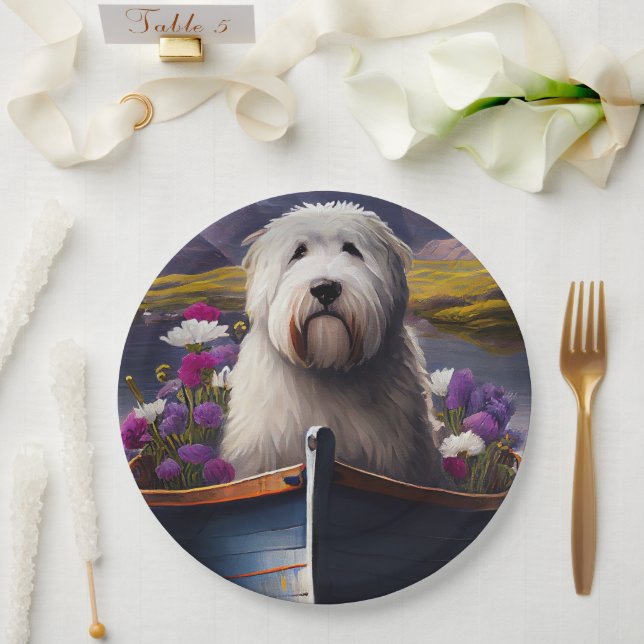 Old English Sheepdog on Paddle: A Scenic Adventure Paper Plates (Wedding)