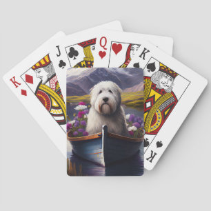 Old English Sheepdog on Paddle: A Scenic Adventure Poker Cards