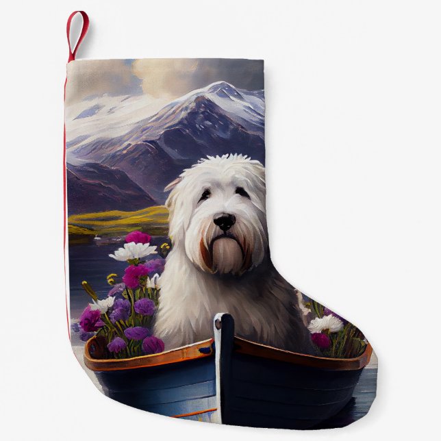 Old English Sheepdog on Paddle: A Scenic Adventure Small Christmas Stocking (Front)
