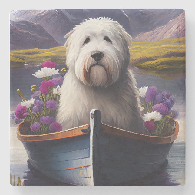 Old English Sheepdog on Paddle: A Scenic Adventure Stone Coaster (Front)