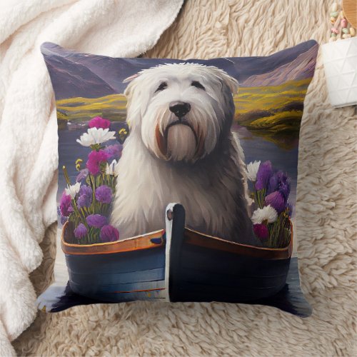 Old English Sheepdog on Paddle A Scenic Adventure Throw Pillow