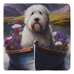 Old English Sheepdog on Paddle: A Scenic Adventure Trivet