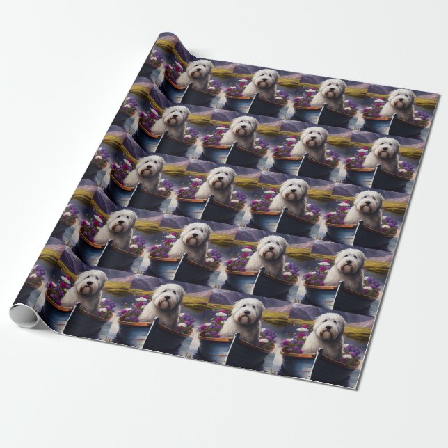 Old English Sheepdog on Paddle: A Scenic Adventure Wrapping Paper (Unrolled)