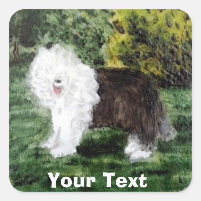 Old English Sheepdog Painting Custom Square Sticker (Front)