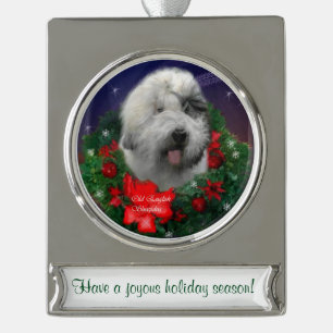 Old English Sheepdog Personalized Christmas Silver Plated Banner Ornament