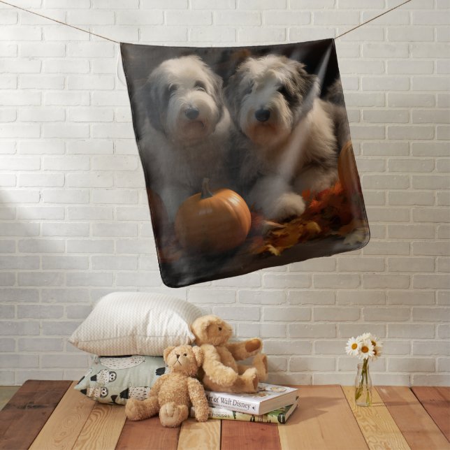 Old English Sheepdog Puppy Autumn Delight Pumpkin Baby Blanket (In Situ)