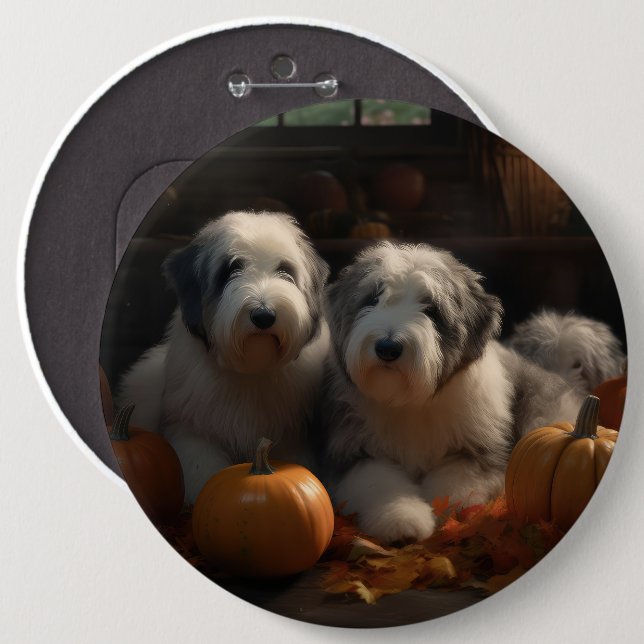 Old English Sheepdog Puppy Autumn Delight Pumpkin Button (Front & Back)