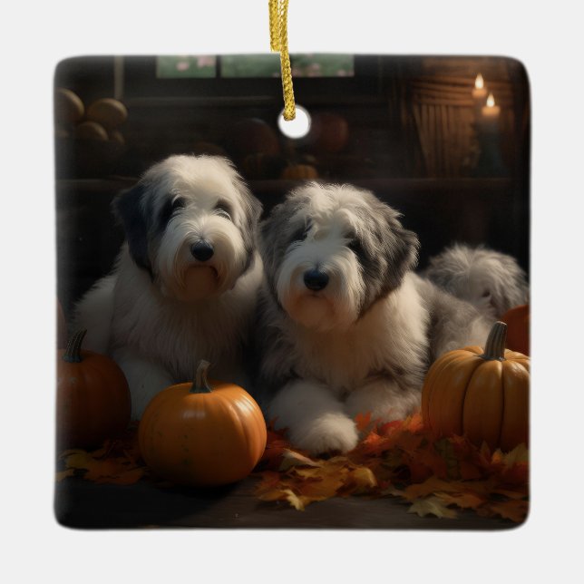 Old English Sheepdog Puppy Autumn Delight Pumpkin Ceramic Ornament (Front)