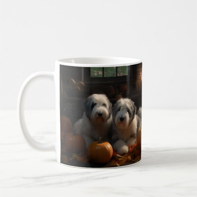 Old English Sheepdog Puppy Autumn Delight Pumpkin Coffee Mug (Left)