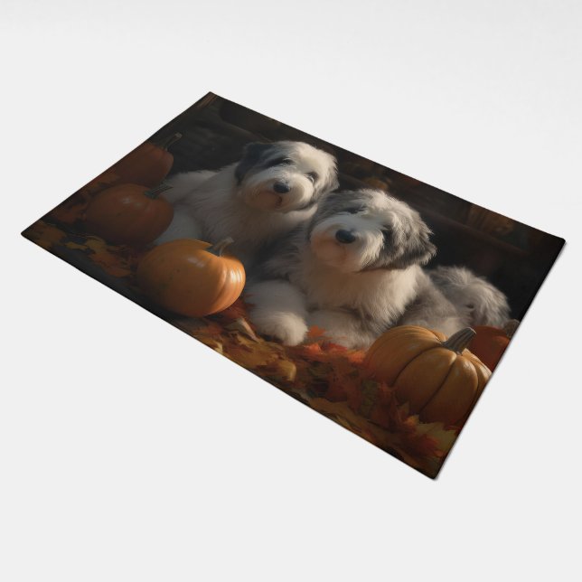 Old English Sheepdog Puppy Autumn Delight Pumpkin Doormat (Angled)