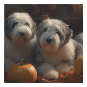 Old English Sheepdog Puppy Autumn Delight Pumpkin Faux Canvas Print