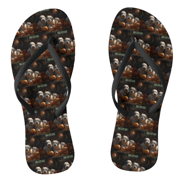 Old English Sheepdog Puppy Autumn Delight Pumpkin Flip Flops (Footbed)