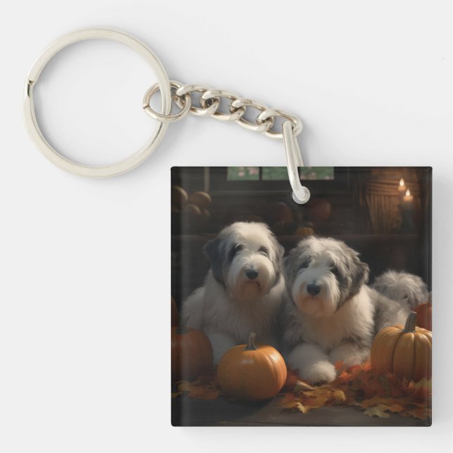 Old English Sheepdog Puppy Autumn Delight Pumpkin Keychain (Front)