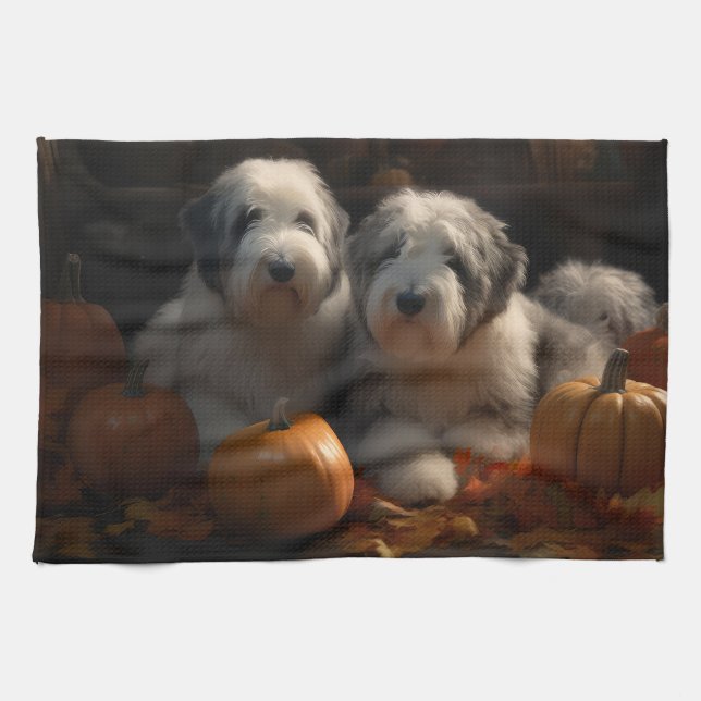 Old English Sheepdog Puppy Autumn Delight Pumpkin Kitchen Towel (Horizontal)