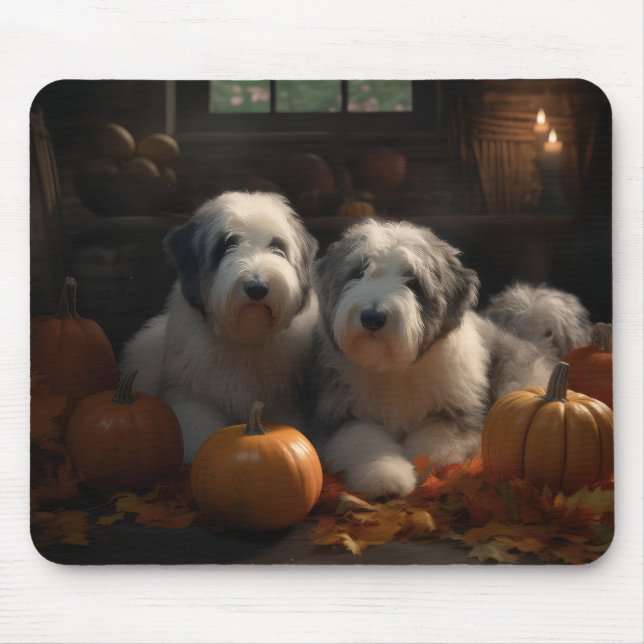 Old English Sheepdog Puppy Autumn Delight Pumpkin Mouse Pad (Front)