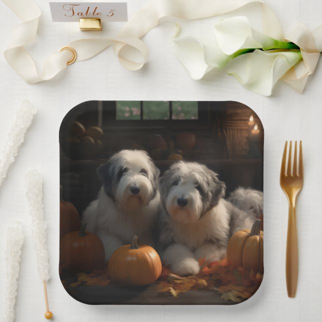 Old English Sheepdog Puppy Autumn Delight Pumpkin Paper Plates (Wedding)