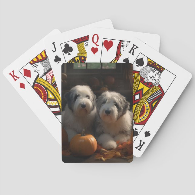 Old English Sheepdog Puppy Autumn Delight Pumpkin Poker Cards (Back)