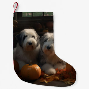 Old English Sheepdog Puppy Autumn Delight Pumpkin Small Christmas Stocking