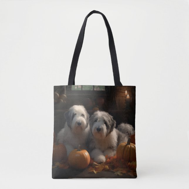 Old English Sheepdog Puppy Autumn Delight Pumpkin Tote Bag (Front)