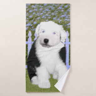 Old English Sheepdog Puppy Painting - Dog Art Bath Towel Set