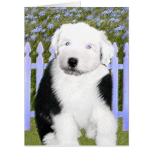 Old English Sheepdog Puppy Painting - Dog Art Card