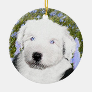 Old English Sheepdog Puppy Painting - Dog Art Ceramic Ornament