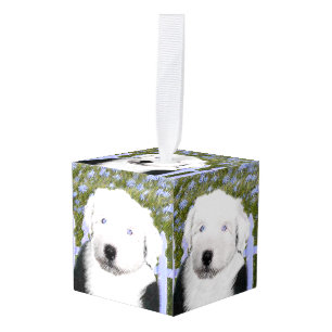 Old English Sheepdog Puppy Painting - Dog Art Cube Ornament
