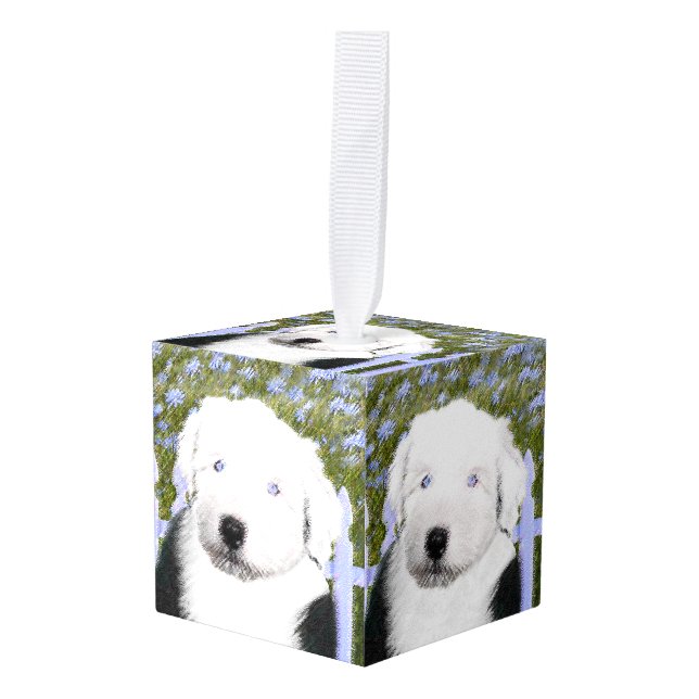 Old English Sheepdog Puppy Painting - Dog Art Cube Ornament (Front Angled)
