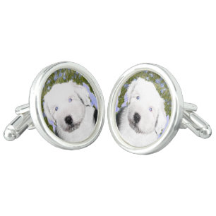 Old English Sheepdog Puppy Painting - Dog Art Cufflinks