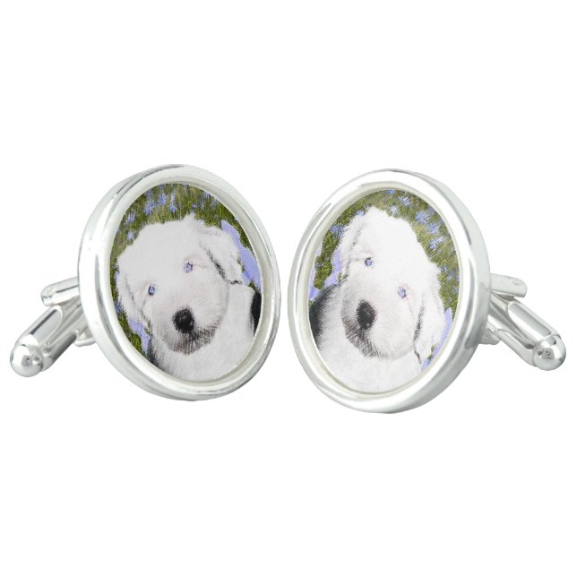 Old English Sheepdog Puppy Painting - Dog Art Cufflinks (Angled)