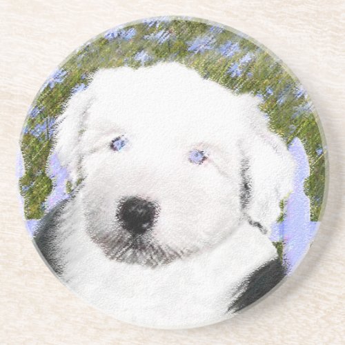 Old English Sheepdog Puppy Painting _ Dog Art Drink Coaster