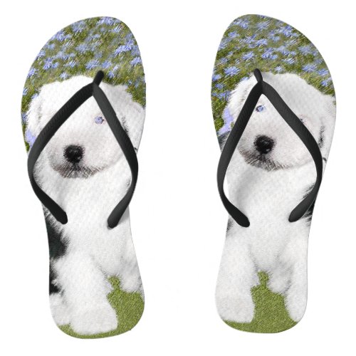 Old English Sheepdog Puppy Painting _ Dog Art Flip Flops