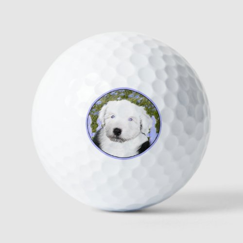 Old English Sheepdog Puppy Painting _ Dog Art Golf Balls