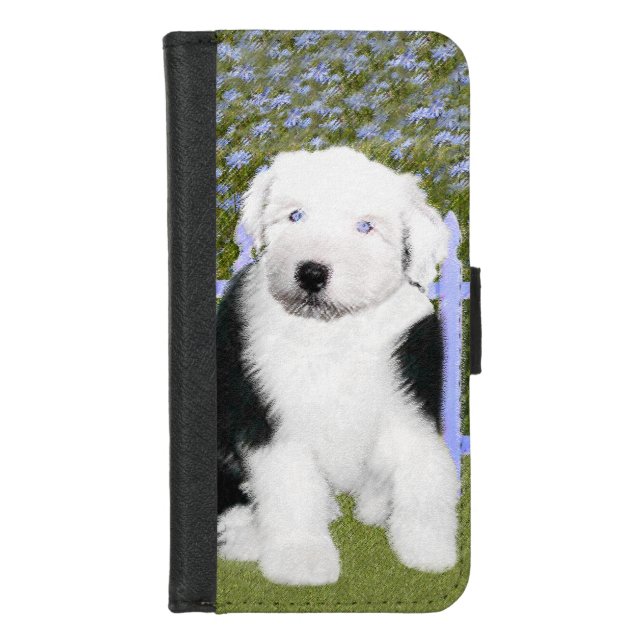 Old English Sheepdog Puppy Painting - Dog Art iPhone Wallet Case (Front)