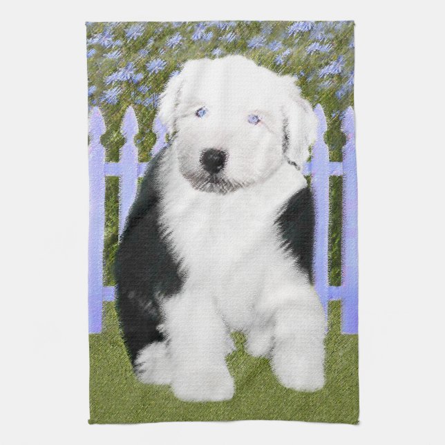 Old English Sheepdog Puppy Painting - Dog Art Kitchen Towel (Vertical)