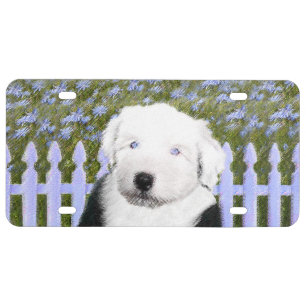 Old English Sheepdog Puppy Painting - Dog Art License Plate