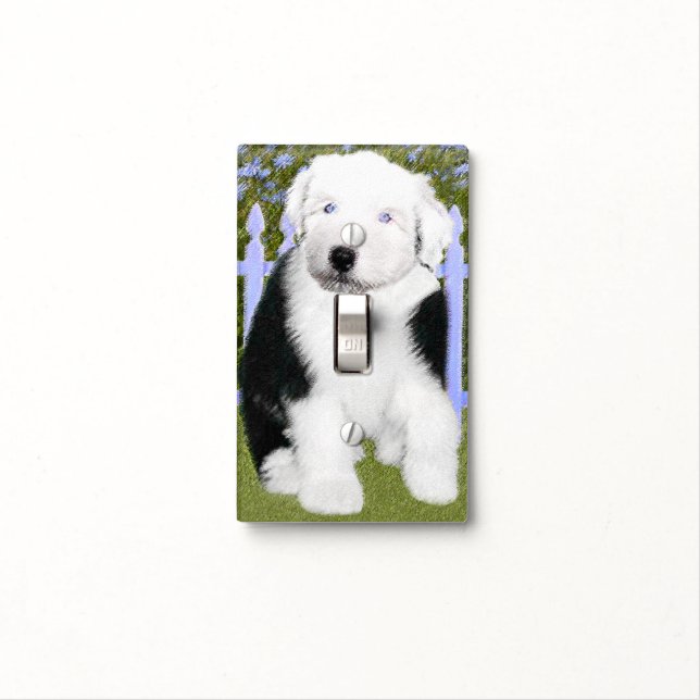 Old English Sheepdog Puppy Painting - Dog Art Light Switch Cover (In Situ)