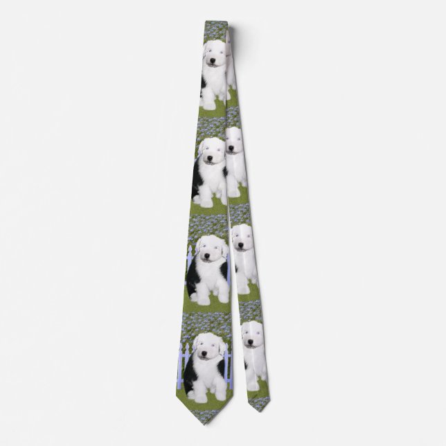 Old English Sheepdog Puppy Painting - Dog Art Neck Tie (Front)