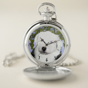 Old English Sheepdog Puppy Painting - Dog Art Pocket Watch