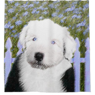 Old English Sheepdog Puppy Painting - Dog Art Shower Curtain