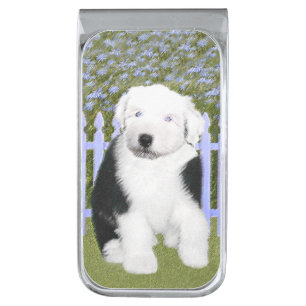 Old English Sheepdog Puppy Painting - Dog Art Silver Finish Money Clip