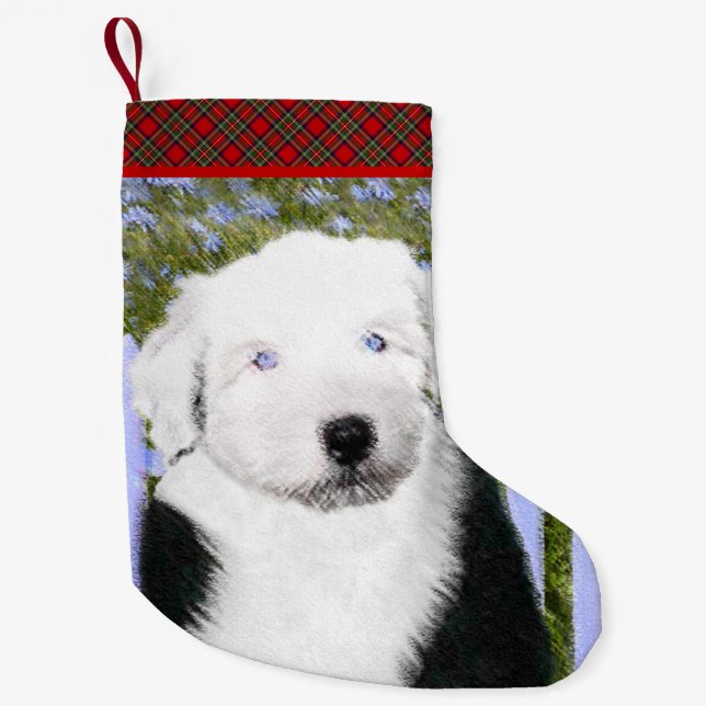 Old English Sheepdog Puppy Painting - Dog Art Small Christmas Stocking (Front)