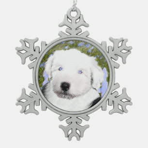 Old English Sheepdog Puppy Painting - Dog Art Snowflake Pewter Christmas Ornament
