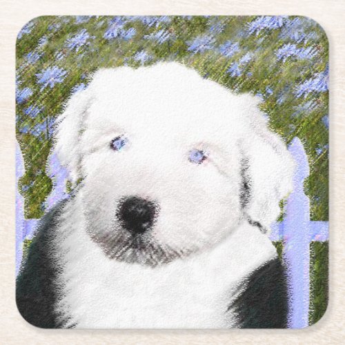 Old English Sheepdog Puppy Painting _ Dog Art Square Paper Coaster