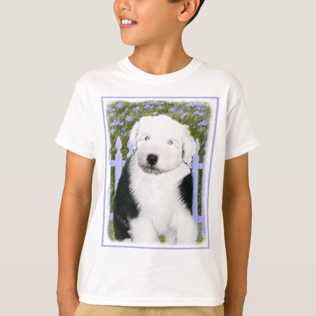 Old English Sheepdog Puppy Painting - Dog Art T-Shirt (Front)