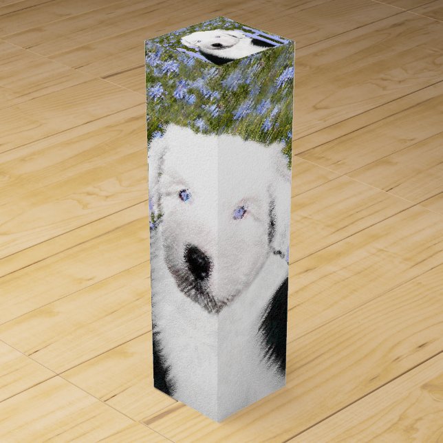 Old English Sheepdog Puppy Painting - Dog Art Wine Box (Front)