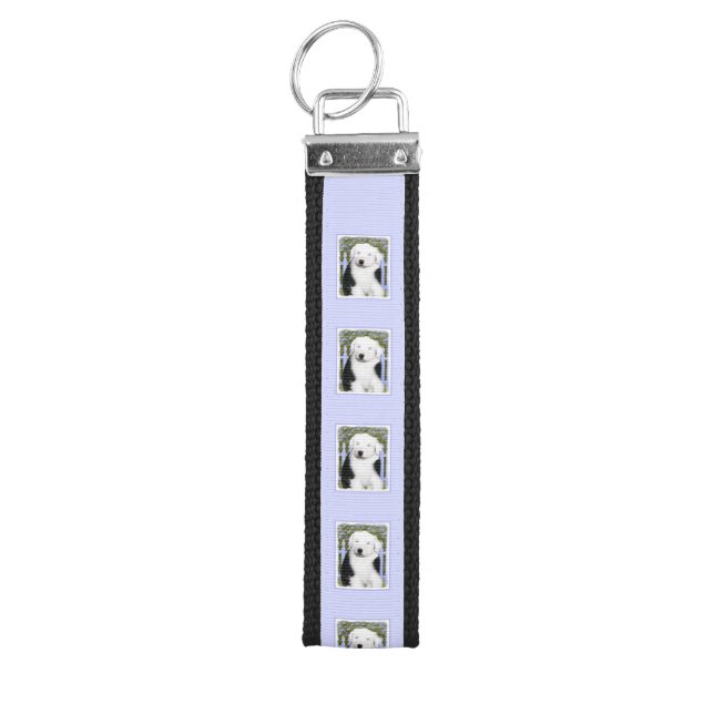 Old English Sheepdog Puppy Painting - Dog Art Wrist Keychain (Keys on Top)