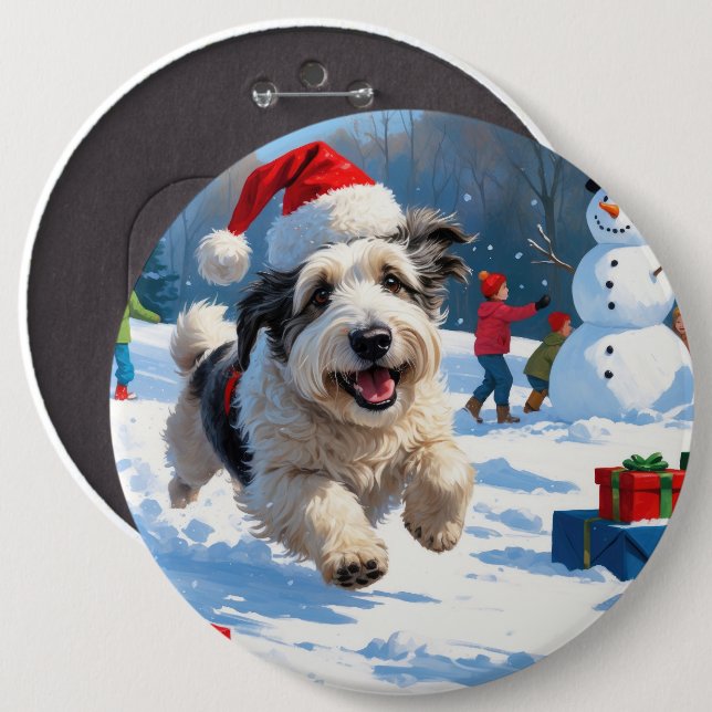 Old English Sheepdog Running in Snow Christmas Hat Button (Front & Back)