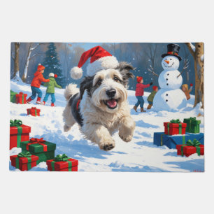 Old English Sheepdog Running in Snow Christmas Hat Doormat
